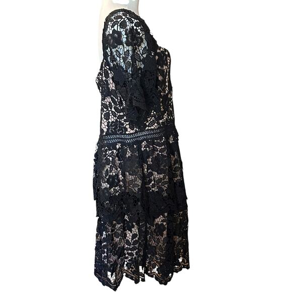 Little Black Dress Lace Overlay Cream Lining Knee Ruffles Layered SZ 14 BooHoo - Picture 9 of 12